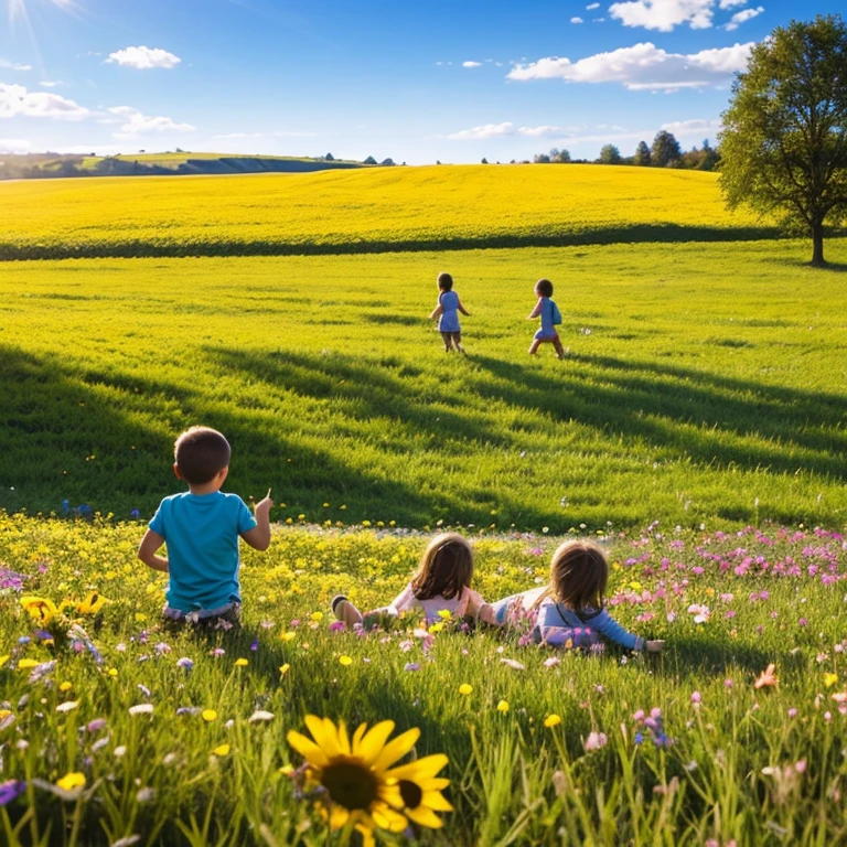 draw a lot of children playing in a flower meadow on a sunny day