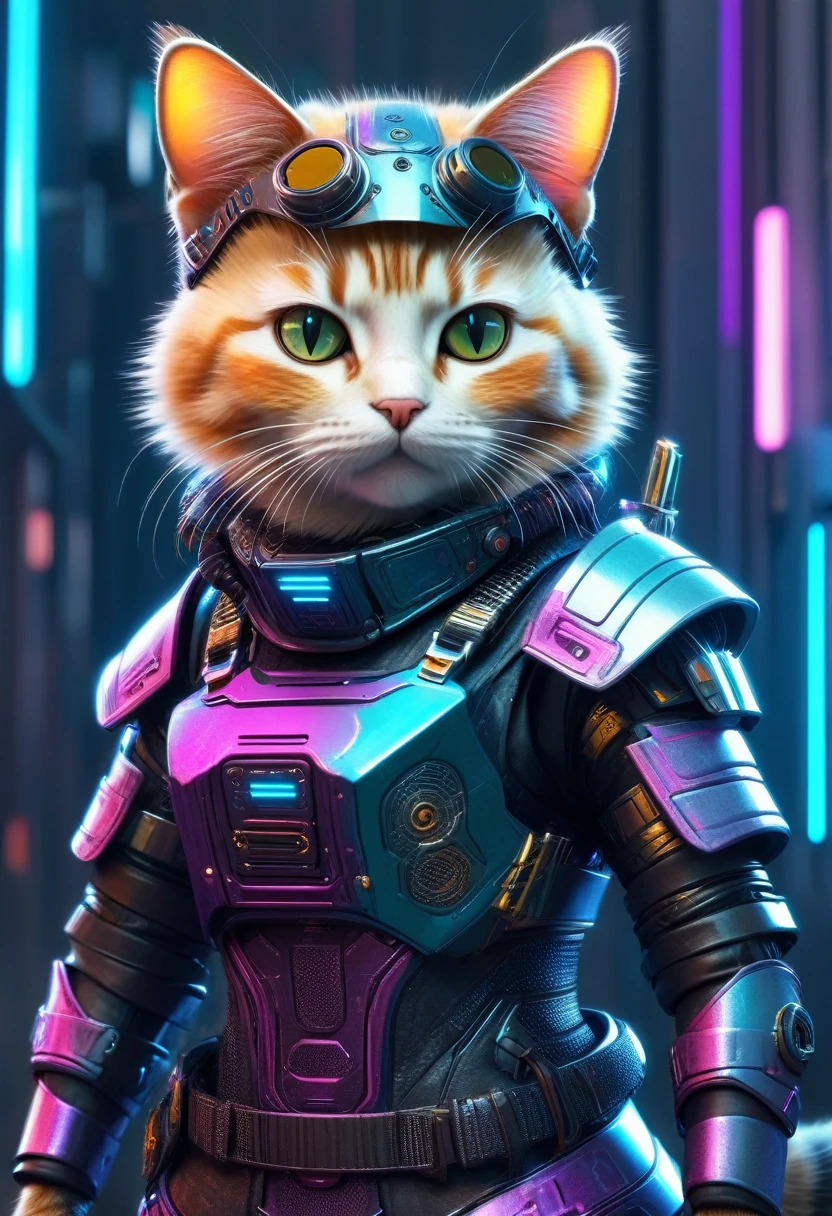 Dressed animals page, captivating and intriguing image of a Cute cat dressed in cyberpunk styled armor, cybernatic, 