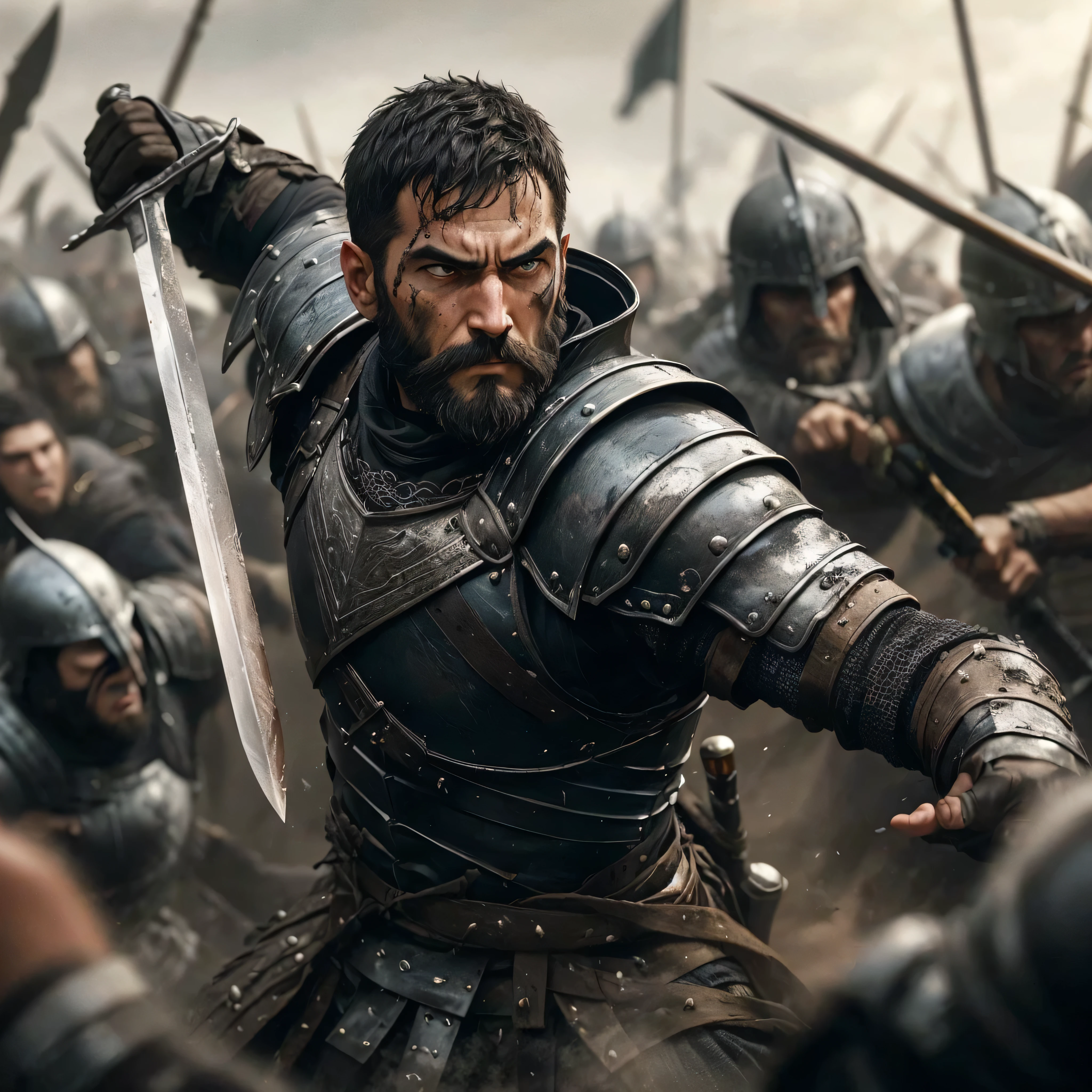 Describe the scene of a man with a medium black beard and short black hair, round face, wearing imposing medieval armor. He is in the middle of a fierce battle, raising his gleaming sword against a tumult of enemy warriors around him. The expression on his face is one of intense concentration and courage., his muscles tense as he faces the challenges of hand-to-hand combat. ao redor, The battlefield is filled with chaos and movement, with soldiers fighting with spears, shields and various weapons, under a cloudy sky that indicates a prolonged fight.