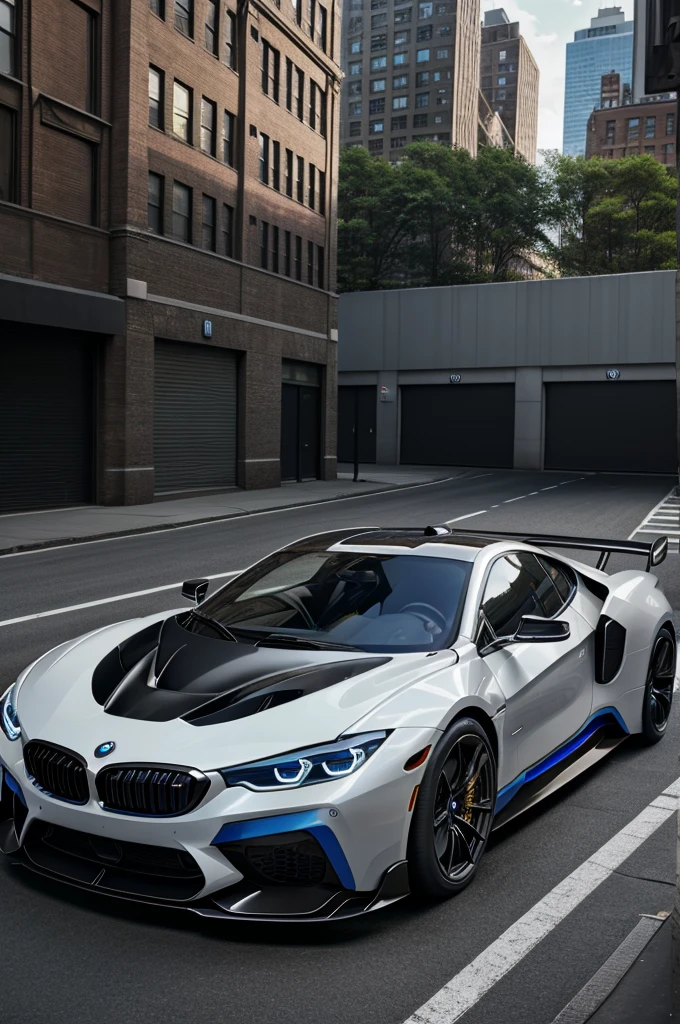BMW hypercar in new york street, photo realistic, hyper realism, prototype, wallpaper, high resolution, hd, 4k.