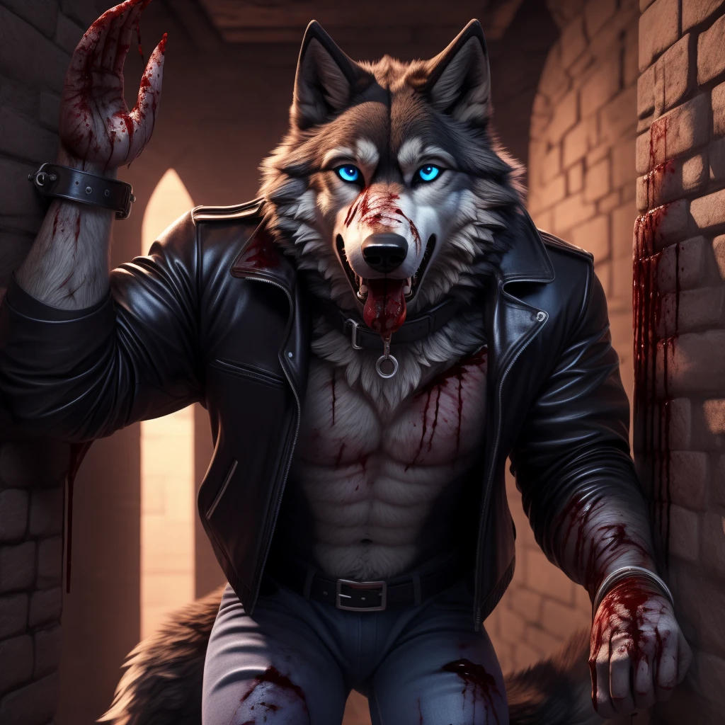 Male, 30 years old, cute, eyeliner, mouth open with tongue hanging out, black leather jacket, anthro, wolf ears, (black fur:1.5), wolf, dungeon background, 8k, hi res, (best quality, masterpiece), (wolf tail:1.5), detailed fur, solo, collar, blue jeans, (blood covered fur:1.5), blue eyes, scared expression, chained to wall,