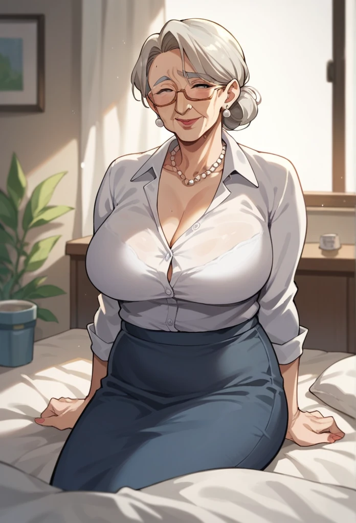 score_9,score_8_up,score_7_up, anime style, clear line, 1mature woman, solo, gilf, old skin, 58 years old woman, in bedroom, in office unform