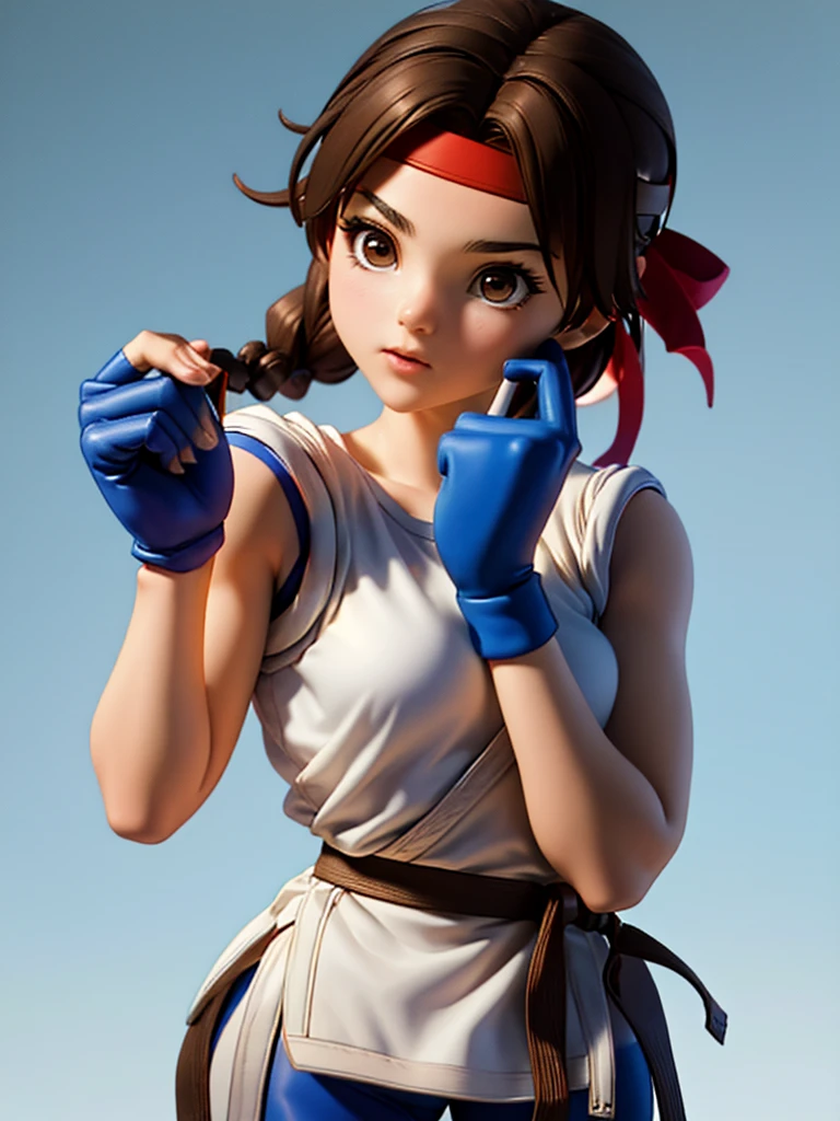 20-year-old woman, alone, athletic, brown hair tied in a braid, wears a red bandana on her forehead, wears blue fingerless gloves, wears blue gloves, high resolution, perfect image, very detailed, high contrast, colors digital, simple, medium shot, cinematic, ultra sharp focus, Award-winning photography, perfect contrast, high sharpness, depth of field, ultra detailed photography. global illumination, fluid, ultra high definition, 8k, Unreal Engine 5, ultra sharp focus, award-winning photography, Art Season Trends,
