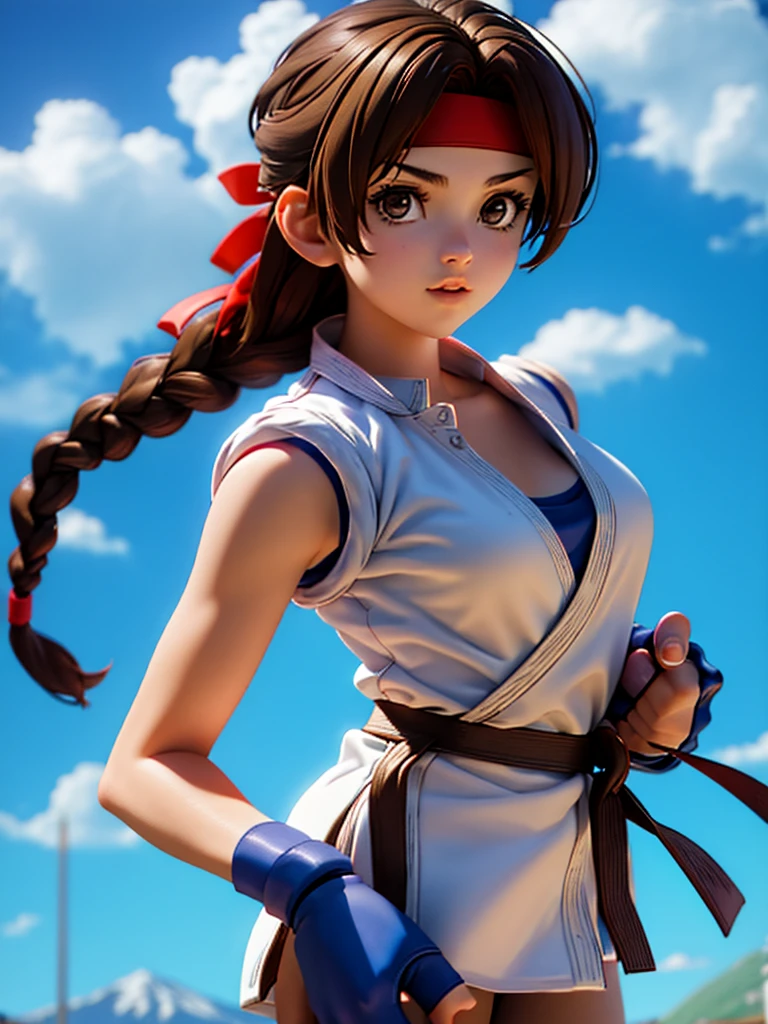 20-year-old woman, alone, athletic, brown hair tied in a braid, wears a red bandana on her forehead, wears blue fingerless gloves, wears blue gloves, high resolution, perfect image, very detailed, high contrast, colors digital, simple, medium shot, cinematic, ultra sharp focus, Award-winning photography, perfect contrast, high sharpness, depth of field, ultra detailed photography. global illumination, fluid, ultra high definition, 8k, Unreal Engine 5, ultra sharp focus, award-winning photography, Art Season Trends,
