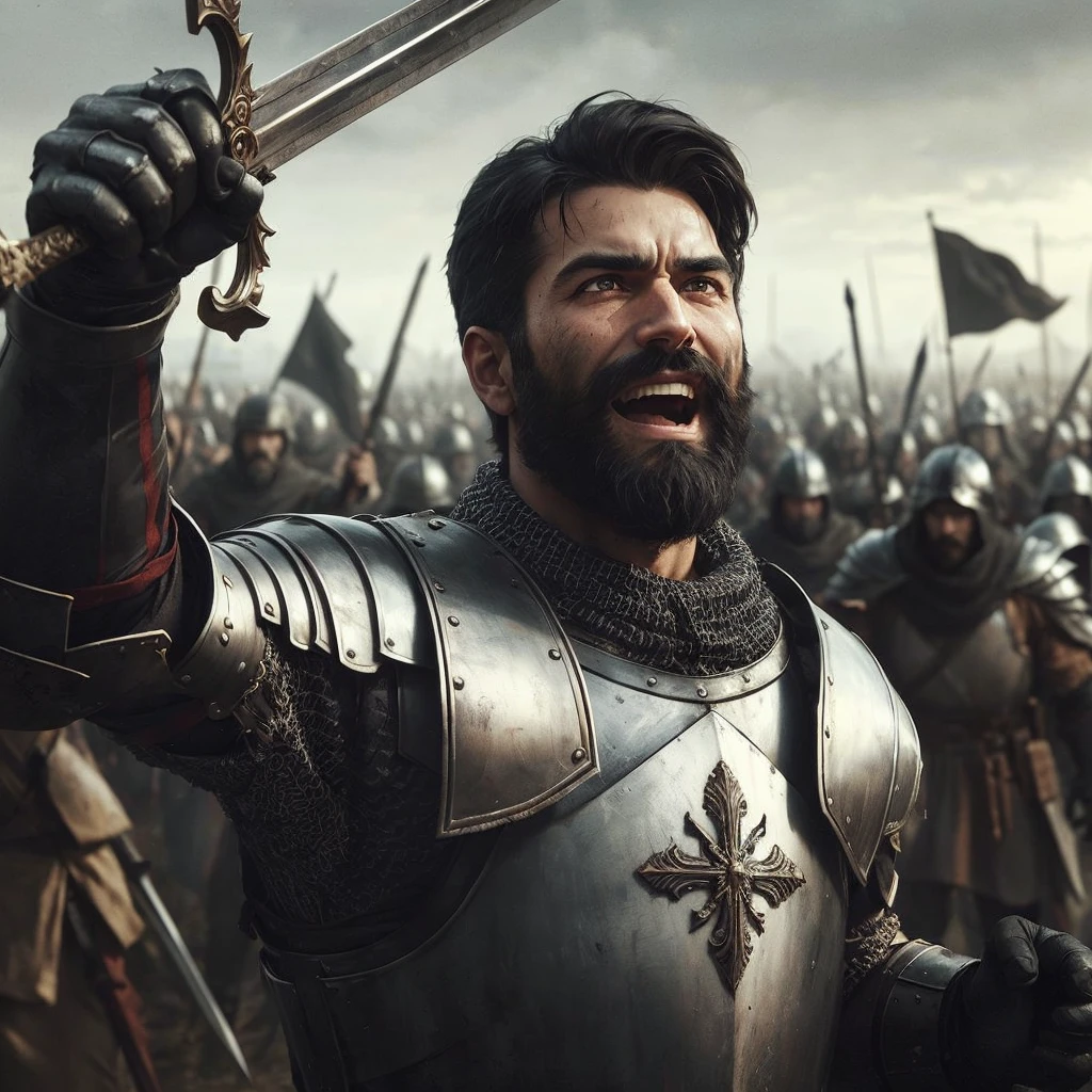 Describe the scene of a man with a medium black beard and short black hair, round face, wearing imposing medieval armor. He is in the center of the battlefield, raising his gleaming sword triumphantly as his adversaries retreat in disarray around him. The expression on his face is one of exultation and determination., eyes shining with imminent victory. Ao fundo, some enemy soldiers are on the run, while others surrender their weapons, indicating that the battle is being won. The sky above is clear now, contrasting with the recent chaos, and the sun begins to shine over the battlefield, symbolizing the end of the struggle and the achievement of triumph.