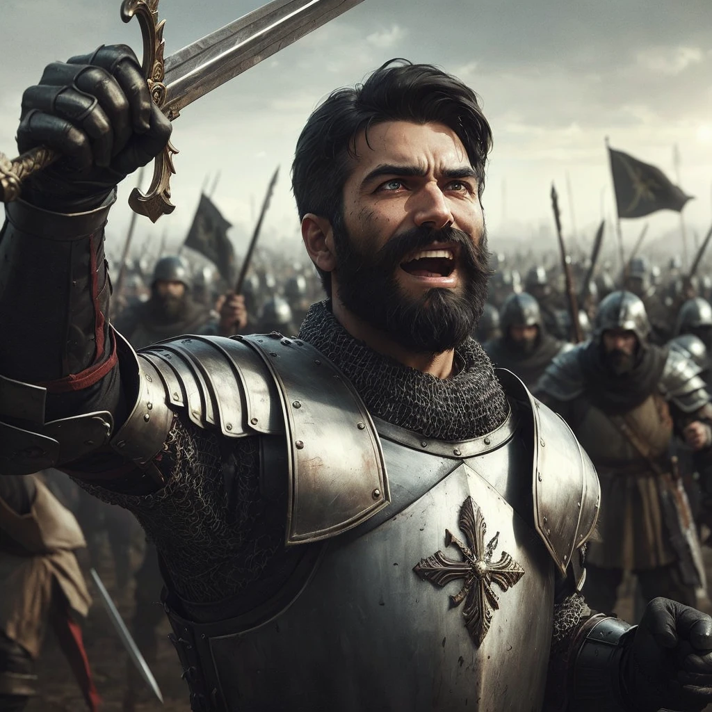 Describe the scene of a man with a medium black beard and short black hair, round face, wearing imposing medieval armor. He is in the center of the battlefield, raising his gleaming sword triumphantly as his adversaries retreat in disarray around him. The expression on his face is one of exultation and determination., eyes shining with imminent victory. Ao fundo, some enemy soldiers are on the run, while others surrender their weapons, indicating that the battle is being won. The sky above is clear now, contrasting with the recent chaos, and the sun begins to shine over the battlefield, symbolizing the end of the struggle and the achievement of triumph.