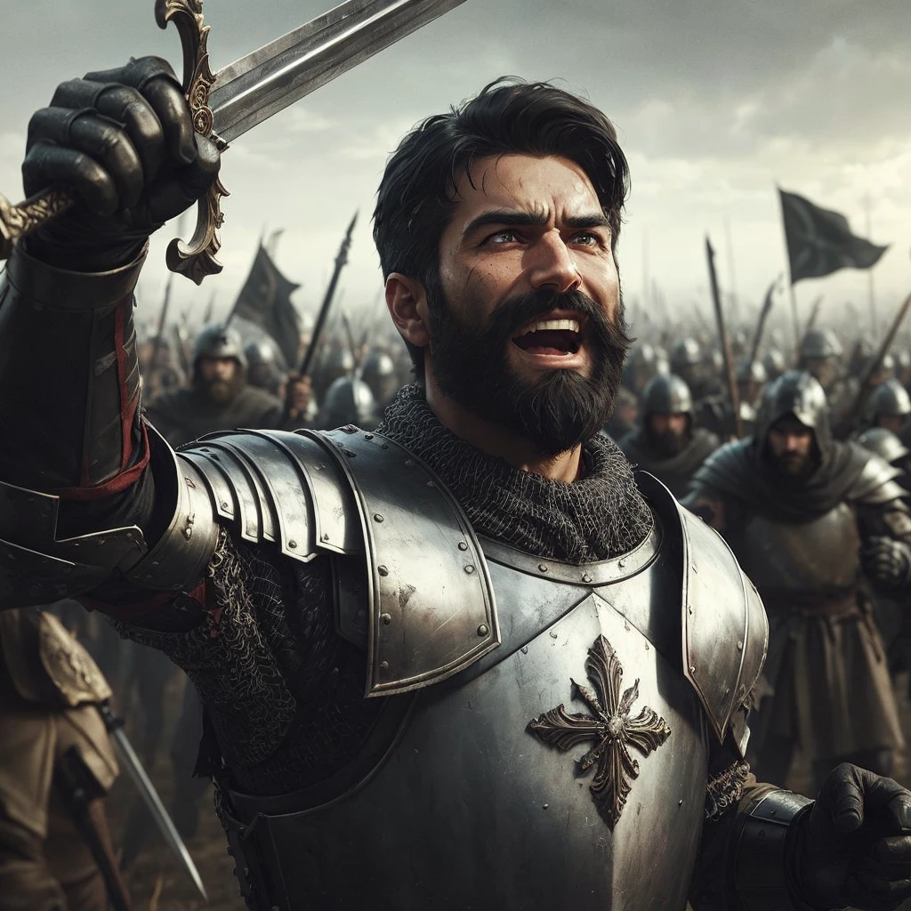 Describe the scene of a man with a medium black beard and short black hair, round face, wearing imposing medieval armor. He is in the center of the battlefield, raising his gleaming sword triumphantly as his adversaries retreat in disarray around him. The expression on his face is one of exultation and determination., eyes shining with imminent victory. Ao fundo, some enemy soldiers are on the run, while others surrender their weapons, indicating that the battle is being won. The sky above is clear now, contrasting with the recent chaos, and the sun begins to shine over the battlefield, symbolizing the end of the struggle and the achievement of triumph.