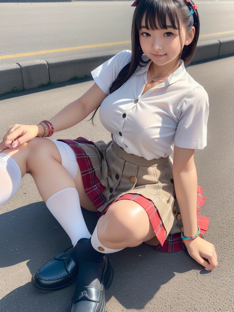 Character Focus、From above(uniform:1.3)、(Plain beige clothing around the waist:1.5、(black tights)、Exposed nipples、(Black Pantyhose)、(Waist tie:1.3)、(White collar付きシャツ:1.4)、((White collar、buttonを外した、Short sleeve):1.2)、(Red Plaid Pleated Skirt:1.3)、((necklace、Colorful Bracelets、× Hair Accessories):1.2)、Very detailed、(8K、RAW Photos、Highest quality、masterpiece:1.2)、(Very detailedな8K壁紙)、shape、Professional Lighting、Sharp focus、Written boundary depth、Browsing Caution、Clear Eyes、Perfect Anatomy、With a girl、15-year-old student、Black gal(Dark Skin:1.2)、(Oily skin、Glowing Skin、Glowing Skin、Sweat:1.2)、smile、Plump thighs、huge、Fully visible、Big Breasts、(button:1.4)、Skirt lifted、blue eyes、Blonde、(Compensation:1.1)、(Black Knee Socks 1.6)、:1.6、Brown Loafers、sitting、((Leg spread:1.5))、on the road、No panties、Pastel color pee、's panties are visible、((Pastel colored panties))、((Tecateca panties))、((Normal position:1.4))、(((Crouchポーズ)))、((I was made to sit with my legs apart...))、Cowgirl、Crouch、Leg spread、、blazer、