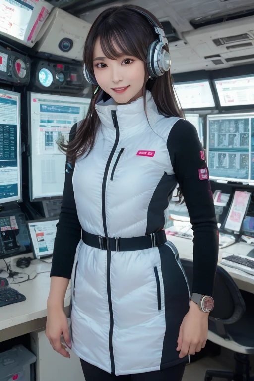 masterpiece, Highest quality, Very detailed, 8K Portrait,Japanese Android Girl,plump , Control panel,Robotic arms and legs, Blunt bangs,,break (Metallic Gray, Metallic luster, Mirror finish, Astro Best):5,headphone:5,break (Black sleeves):100,Smart Watches,Futuristic space station,Control Room,break headphone,blue eyes,(Black Hair):2,(Long Hair):1.3,Viewer Display,(respirator),break blush:3,Hidden Hand,smile