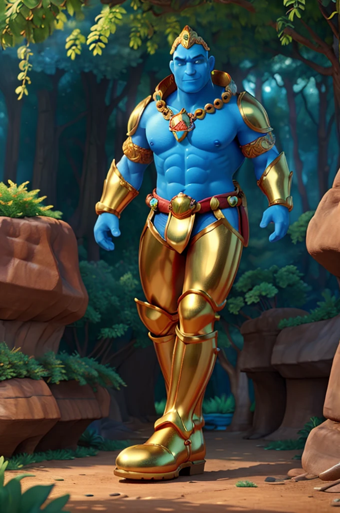 A massive muscular blue genie, giant golden bracelets, golden armor, golden boots, climbing down a giant beanstalk, lush forest village background, 8k, best quality, ultra-detailed, realistic, photo-realistic, vivid colors, dramatic lighting, fantasy, concept art, digital painting