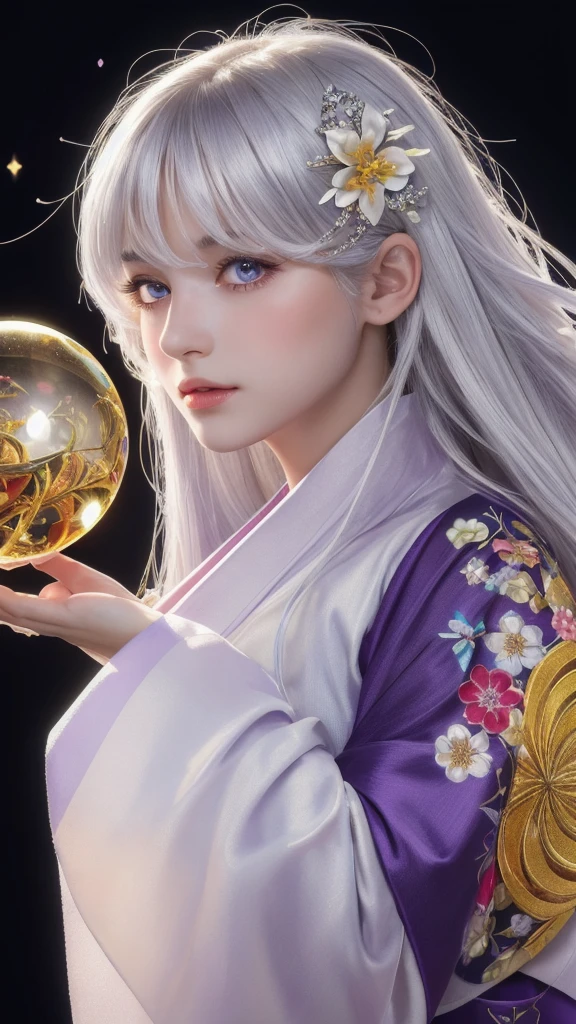 (masterpiece:1.3), (8k, photorealistic, raw photo, highest quality:1.4), (one girl), beautiful face, (realistic face), (long hair), (silver hair, near white hair, shiny hair, beautiful straight hair), (even bangs), (sharp bangs), straight hairstyle, realistic eyes, beautiful detailed eyes (purple eyes), (sharp eyes), (realistic skin), beautiful skin, (kimono), (magician's kimono), (flower hair ornament), attractive, ultra high resolution, ultra realistic, highly detailed, golden ratio, colorful background, (flowers blooming), (energy dancing background), magician, facing forward, facing from shoulders, looking straight ahead, both shoulders facing towards you, holding crystal ball, (heart crystal ball, love crystal ball).