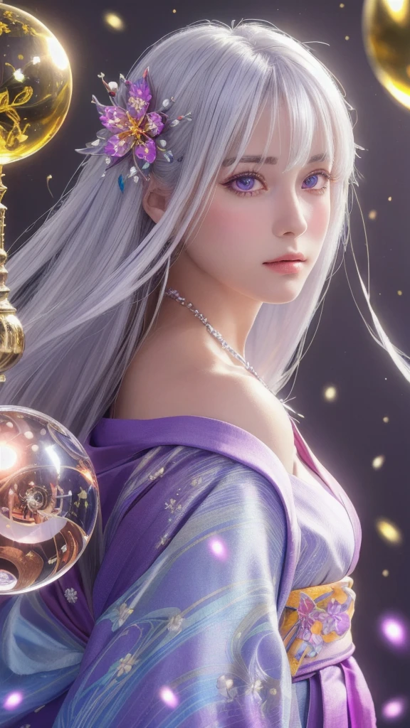 (masterpiece:1.3), (8k, photorealistic, raw photo, highest quality:1.4), (one girl), beautiful face, (realistic face), (long hair), (silver hair, near white hair, shiny hair, beautiful straight hair), (even bangs), (sharp bangs), straight hairstyle, realistic eyes, beautiful detailed eyes (purple eyes), (sharp eyes), (realistic skin), beautiful skin, (kimono), (magician's kimono), (flower hair ornament), attractive, ultra high resolution, ultra realistic, highly detailed, golden ratio, colorful background, (flowers blooming), (energy dancing background), magician, facing forward, facing from shoulders, looking straight ahead, both shoulders facing towards you, holding crystal ball, (heart crystal ball, love crystal ball).