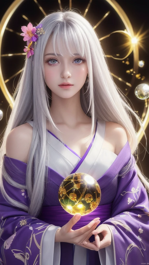 (masterpiece:1.3), (8k, photorealistic, raw photo, highest quality:1.4), (one girl), beautiful face, (realistic face), (long hair), (silver hair, near white hair, shiny hair, beautiful straight hair), (even bangs), (sharp bangs), straight hairstyle, realistic eyes, beautiful detailed eyes (purple eyes), (sharp eyes), (realistic skin), beautiful skin, (kimono), (magician's kimono), (flower hair ornament), attractive, ultra high resolution, ultra realistic, highly detailed, golden ratio, colorful background, (flowers blooming), (energy dancing background), magician, facing forward, facing from shoulders, looking straight ahead, both shoulders facing towards you, holding crystal ball, (heart crystal ball, love crystal ball).