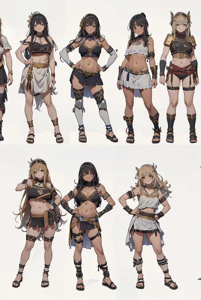 greek warriors womans in togas , only girls , forest in the background , light armor , elbow pads, knee pads, shoulder pads, black armor , sandals , sexy, exposed belly, muscular girl, defined abdomen,stomach, multiple girls, looking at viewer , long hair, bare shoulders, outdoors, sandals