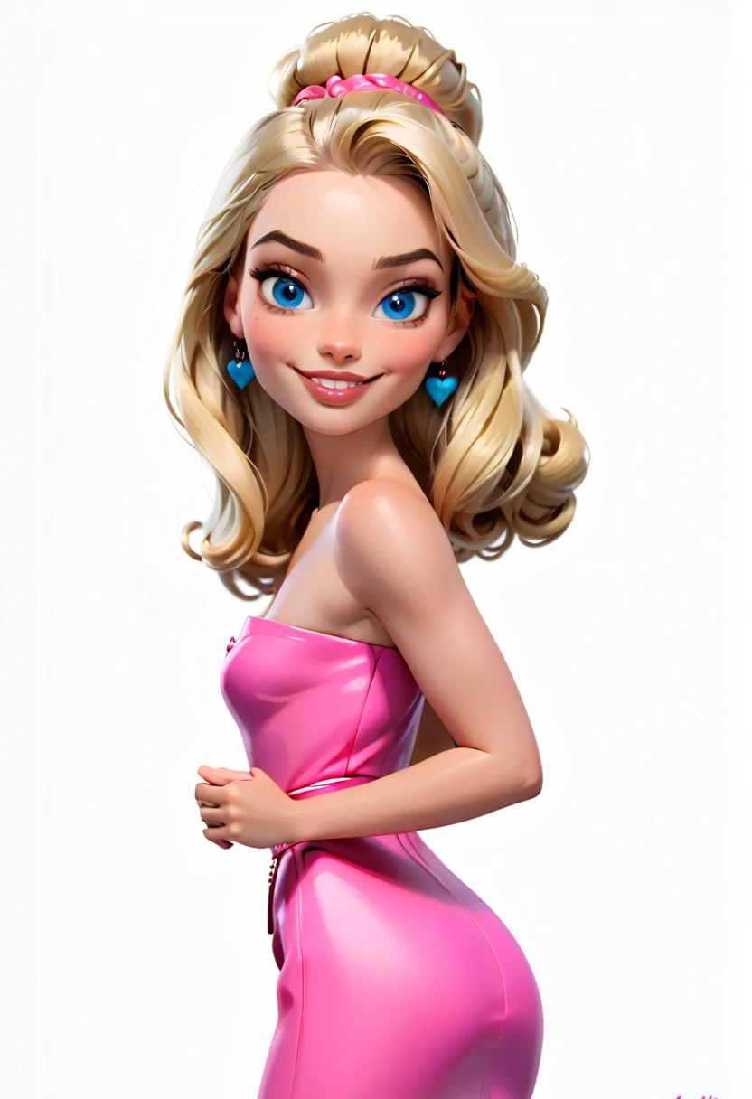 3d, Estilo de Moda 2023, Tema estilosa, Linda, expressiva, Feliz, Sorriso lindo, bonito cabelos lisos, modelo profissional, Poses fofas, blonde, blue eyes, vivid color, blonde hair, pink dress, margot robbie, wonderful, barbie, white background
