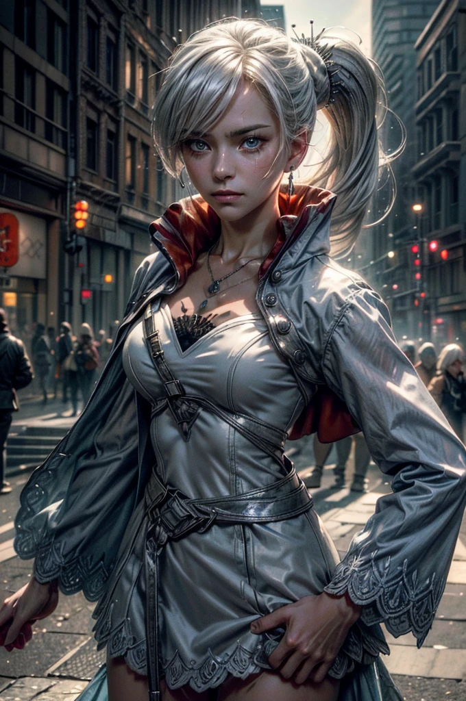 (masterpiece, best quality:1.2), cowboy shot, weissvale, expressionless, closed mouth, looking at viewer, long white hair, side ponytail, scar above eye, scar below eye, military uniform, jewelry, necklace, earrings, in city street (future_urban, crowd, (volumetric lighting), intricate details, tonemapping, sharp focus, hyper detailed