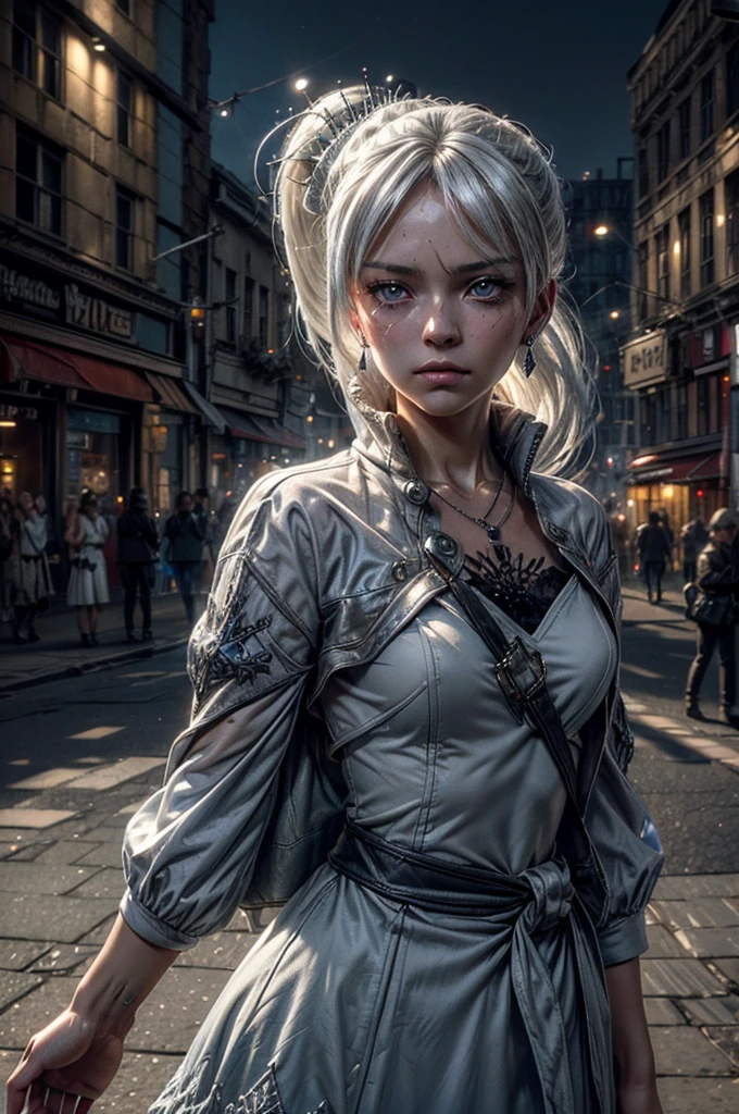 (masterpiece, best quality:1.2), cowboy shot, weissvale, expressionless, closed mouth, looking at viewer, long white hair, side ponytail, scar above eye, scar below eye, military uniform,  jewelry, necklace, earrings, in city street (future_urban, crowd, (volumetric lighting), intricate details, tonemapping, sharp focus, hyper detailed 