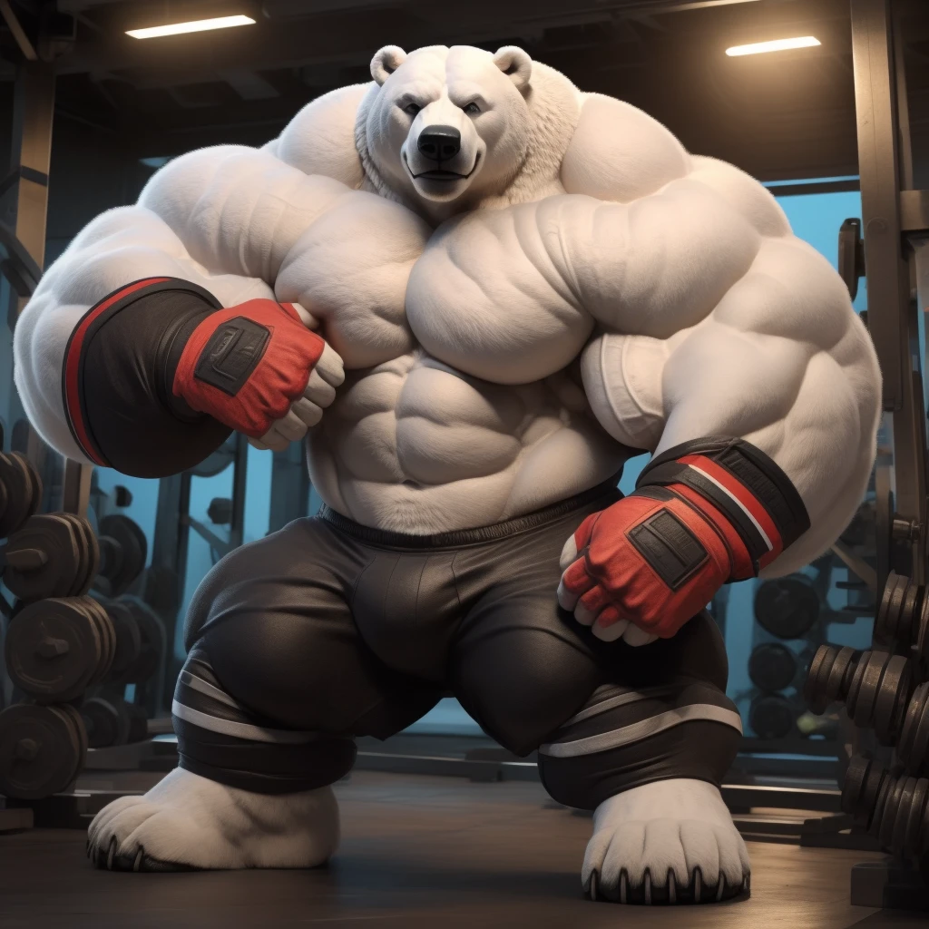 a polar bear with a huge thick muscle, furry ((white white polar bear)) wearing MMA shorts and MMA fingerless gloves, Gym ring, ((huge muscular:1.2, wide pectoral, thick arms, sixpack)), smile, thicc, lowres, giant and muscular, danbooru and artstation, heavy detailed, insanely inflated hips, proportionally arms, commission for high res, detailed but rough, semirealistic:1.3