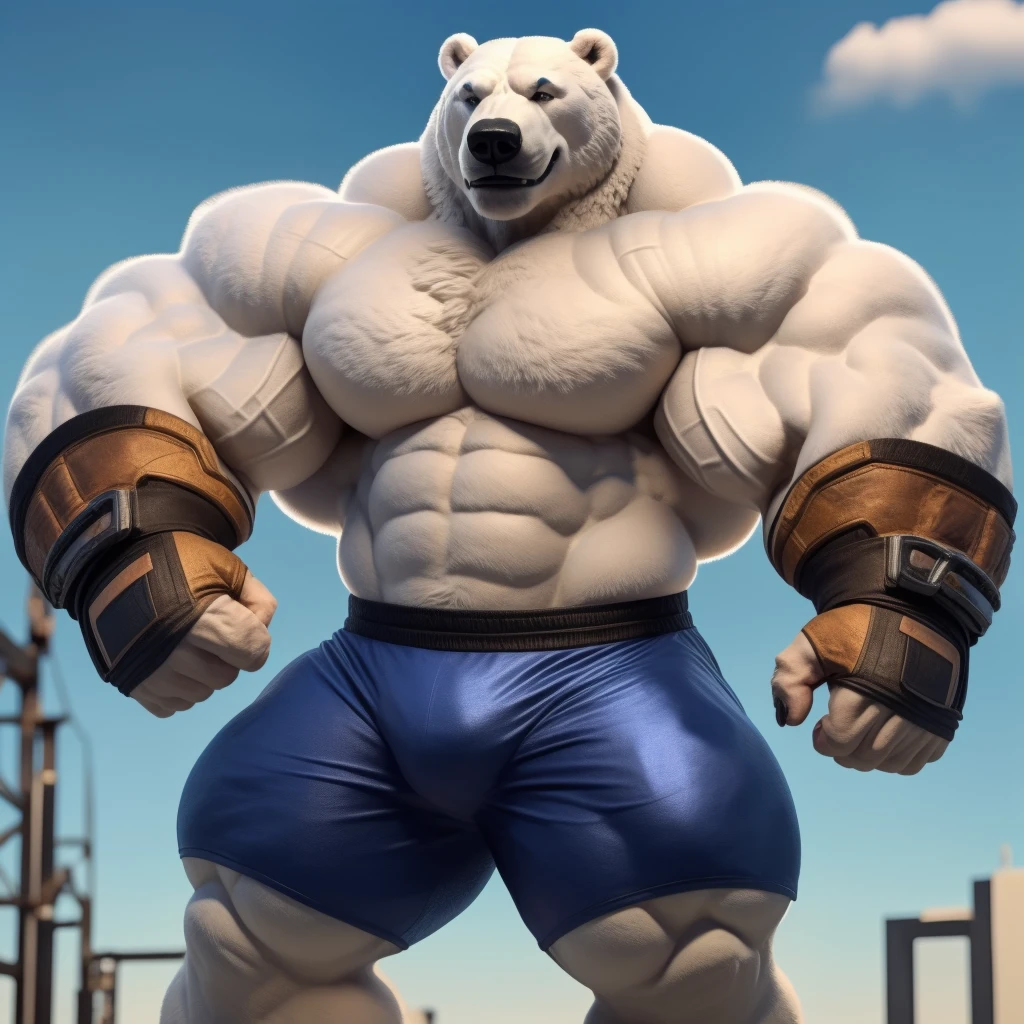 a polar bear with a huge thick muscle, furry ((white white polar bear)) wearing MMA shorts and MMA fingerless gloves, Gym ring, ((huge muscular:1.2, wide pectoral, thick arms, sixpack)), smile, thicc, lowres, giant and muscular, danbooru and artstation, heavy detailed, insanely inflated hips, proportionally arms, commission for high res, detailed but rough, semirealistic:1.3