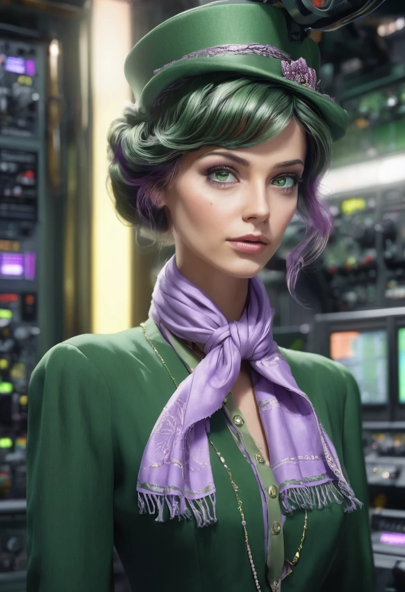 1 woman, in front of a control panel, wearing a forest green dress, with a light purple ascot scarf around her neck, detailed facial features, detailed green female eyes, detailed light skin, smooth green Chanel style hair, strong lighting, expression of disgust on the face, cold cinematic composition, atmospheric fog, pretty face, thin chin, beautiful woman, feminine and beautiful, 25 years old (best quality, 4K, 8K, high resolution, art: 1.2), ultra-detailed, (realistic, photorealistic , photorealistic: 1.37)