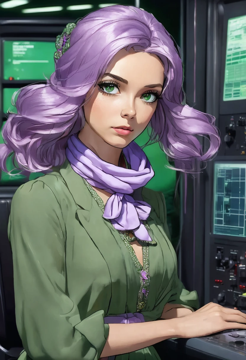 1 woman, in front of a control panel, wearing a forest green dress, with a light purple ascot scarf around her neck, detailed facial features, detailed green female eyes, detailed light skin, smooth green Chanel style hair, strong lighting, expression of disgust on the face, cold cinematic composition, atmospheric fog, pretty face, thin chin, beautiful woman, feminine and beautiful, 25 years old (best quality, 4K, 8K, high resolution, art: 1.2), ultra-detailed, (realistic, photorealistic , photorealistic: 1.37)