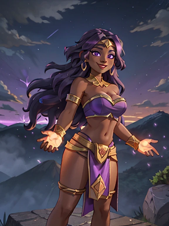 (best quality:1.3), (4K quality),masterpiece, best quality, high res, detailed, vibrant colors, (Detailed face:1.2), (Detailed eyes:1.2), (Perfect figure:1.2), Fantasy style, Fantasy environment solo, 1girl, 25 year old woman, sorceress, (Dark skin:1.5), purple hair, wavy hair, long hair, purple eyes, mascaras purple eyeshadow, smile, purple lipstick, skin covered in purple markings, medium breasts, waist, slender legs, attractive body, slim figure, perfect shape, (Wearing:golden headpiece, purple strapless top, purple loincloth, pelvic curtain, golden armlets), looking at viewer with an amused smile, both hands glowing bright purple, purple magic, bright purple sparks in both hands, BREAK (Night time, outdoors, dark clouds in the sky, purple lighting, stone temple, stone structures, on the mountain top, gorgeous view of the mountains)
