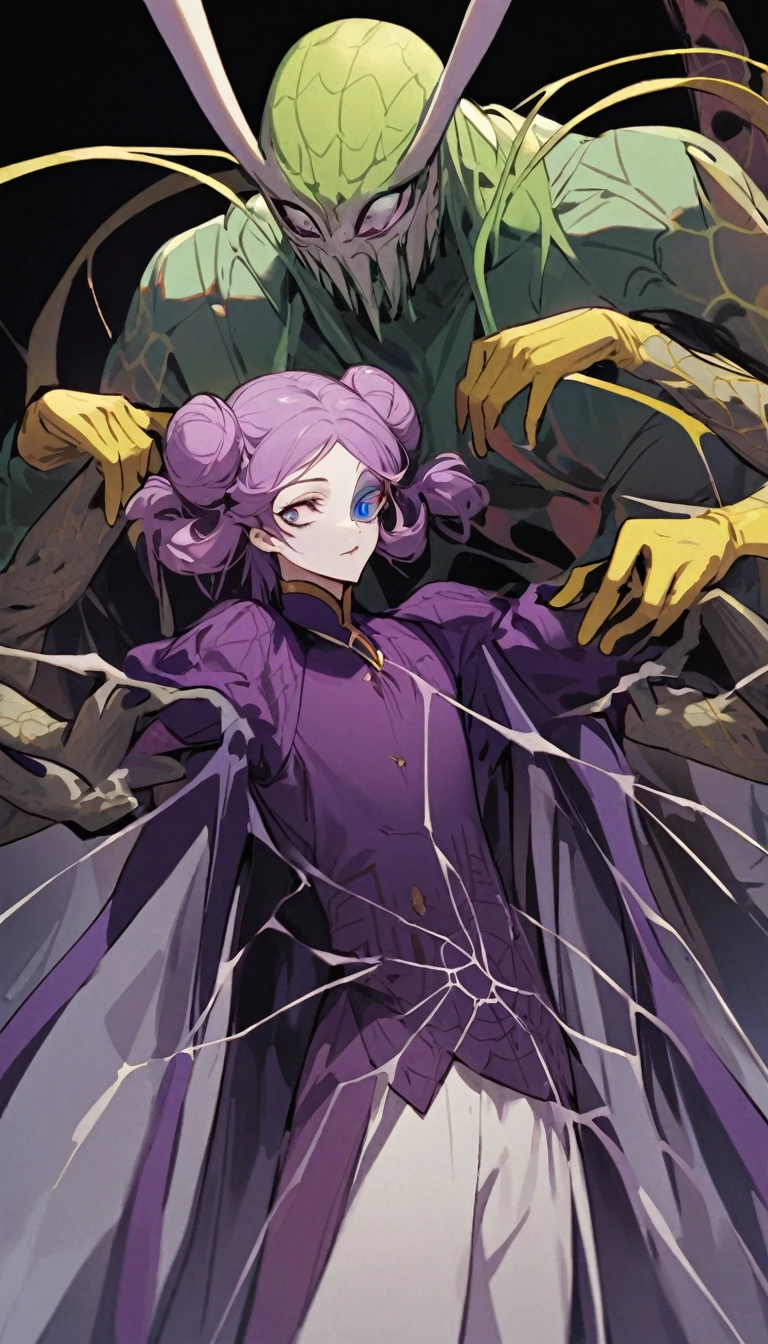 a very tall and white man, he is wearing an old French purple costume, he has six arms and wears yellow gloves on each of his six hands, he wears a purple wig with bangs and two buns and a white mask with red dots around the eyes that covers your entire face. He has a blue right eye and is blind in the left eye, he hangs from a green spider's web as if he were dancing, he is a strange and hideous yet strangely attractive monster.