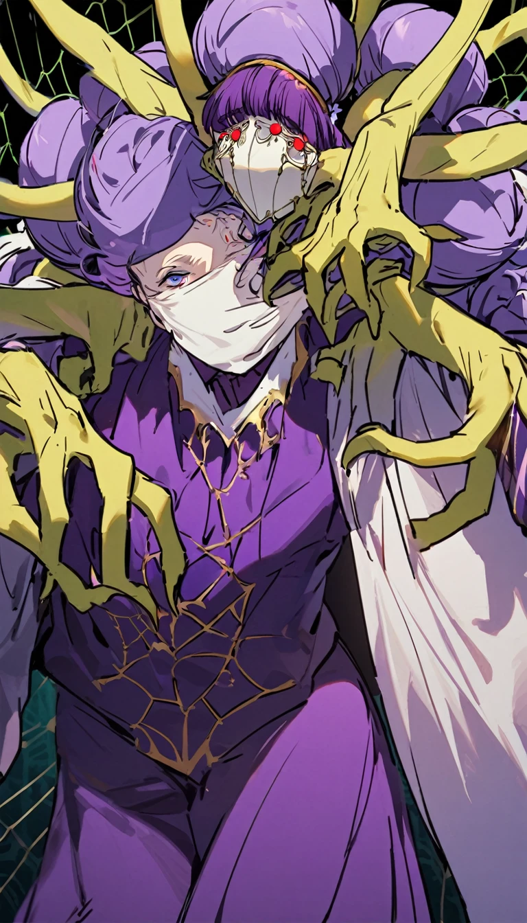 a very tall and white man, he is wearing an old French purple costume, he has six arms and wears yellow gloves on each of his six hands, he wears a purple wig with bangs and two buns and a white mask with red dots around the eyes that covers your entire face. He has a blue right eye and is blind in the left eye, he hangs from a green spider's web as if he were dancing, he is a strange and hideous yet strangely attractive monster.