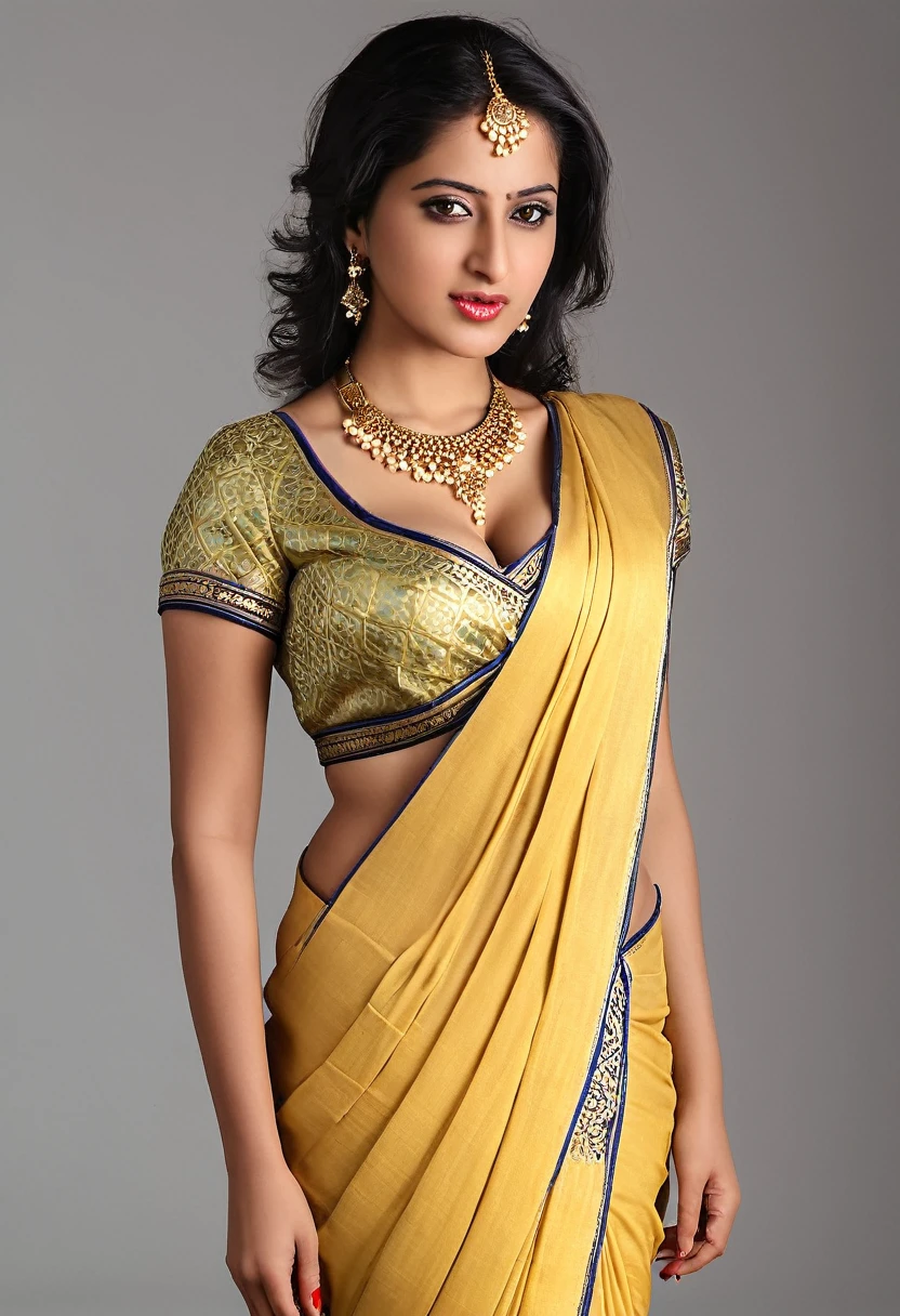 A full body shot of a captivating young arab woman aged 30. Around her neck, she wears a golden chain, adding a touch of refinement to her appearance. She is clothed in a saree,  blouse, its rich fabric contrasting against her perfect, fair skin. her deep eyes looking directly at the viewer. Her cleavage and navel are exposed, she has wide hips, hour glass shape., Most notable of all, her exposed navel is visible through the deep plunging neckline of her half-sleeve blouse. 