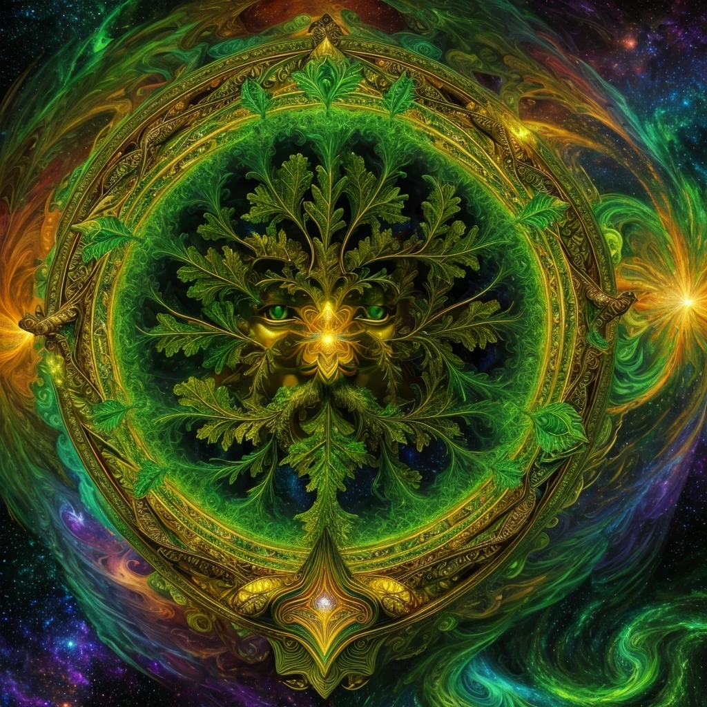 (High resolution, incredibly detailed, masterpiece), a symmetrically centered, solo (face only) portrait of (one masculine Gaelic Greenman), green (oak leaves) floating, colorful (mystic swirling mists), featuring fractal geometry in (vibrant colors:0.8), set against a (galactic background:1.2), bringing together complex, mesmerizing shapes and patterns, dmt, fractal art, holy light.