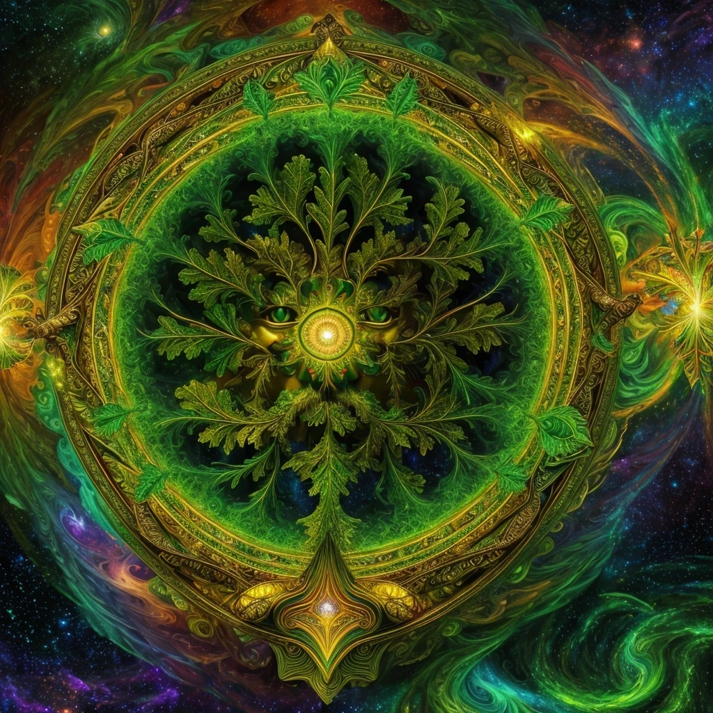 (High resolution, incredibly detailed, masterpiece), a symmetrically centered, solo (face only) portrait of (one masculine Gaelic Greenman), green (oak leaves) floating, colorful (mystic swirling mists), featuring fractal geometry in (vibrant colors:0.8), set against a (galactic background:1.2), bringing together complex, mesmerizing shapes and patterns, dmt, fractal art, holy light.