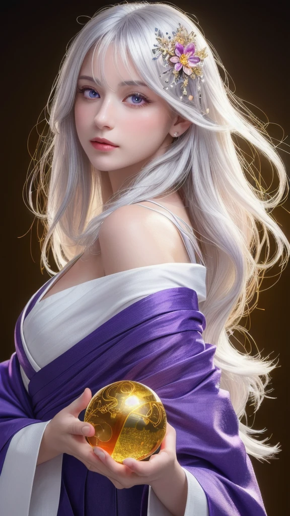 (masterpiece:1.3), (8k, photorealistic, raw photo, highest quality:1.4), (one girl), beautiful face, (realistic face), (long hair), (silver hair, near white hair, shiny hair, beautiful straight hair), (even bangs), (sharp bangs), straight hairstyle, realistic eyes, beautiful detailed eyes (purple eyes), (sharp eyes), (realistic skin), beautiful skin, (kimono), (magician's kimono), (flower hair ornament), attractive, ultra high resolution, ultra realistic, highly detailed, golden ratio, colorful background, (flowers blooming), (energy dancing background), magician, facing forward, facing from shoulders, looking straight ahead, both shoulders facing towards you, holding crystal ball, (heart crystal ball, love crystal ball).
