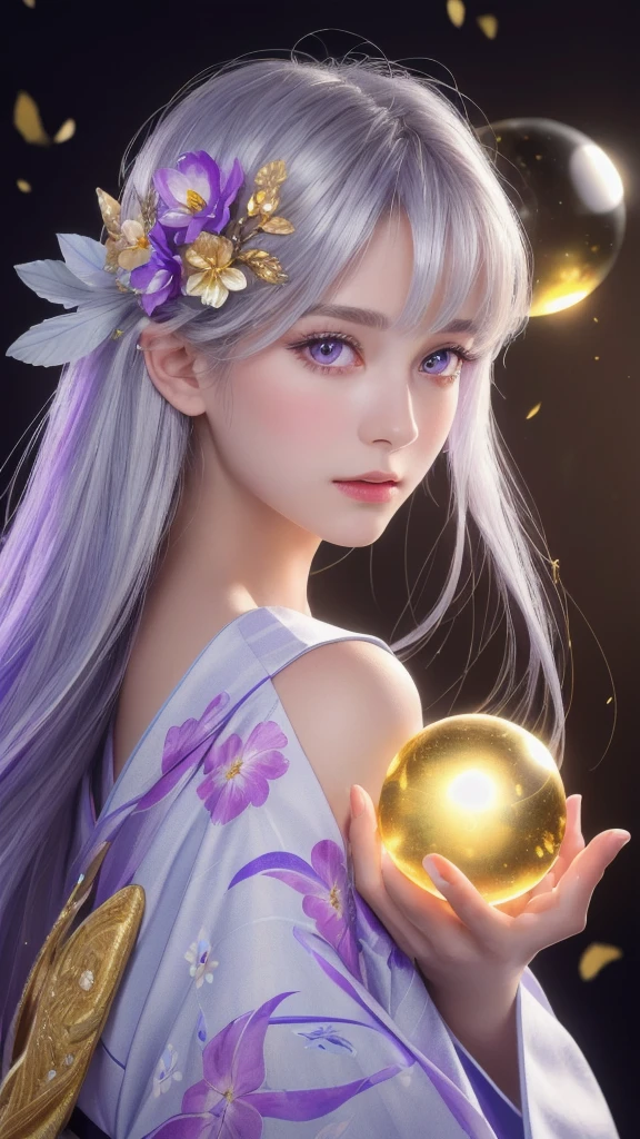 (masterpiece:1.3), (8k, photorealistic, raw photo, highest quality:1.4), (one girl), beautiful face, (realistic face), (long hair), (silver hair, near white hair, shiny hair, beautiful straight hair), (even bangs), (sharp bangs), straight hairstyle, realistic eyes, beautiful detailed eyes (purple eyes), (sharp eyes), (realistic skin), beautiful skin, (kimono), (magician's kimono), (flower hair ornament), attractive, ultra high resolution, ultra realistic, highly detailed, golden ratio, colorful background, (flowers blooming), (energy dancing background), magician, facing forward, facing from shoulders, looking straight ahead, both shoulders facing towards you, holding crystal ball, (heart crystal ball, love crystal ball).