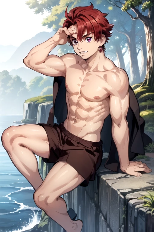 A boy with dark and tanned skin(dark) reddish eyes reddish hair with muscular cute face round face shape with reddish hair