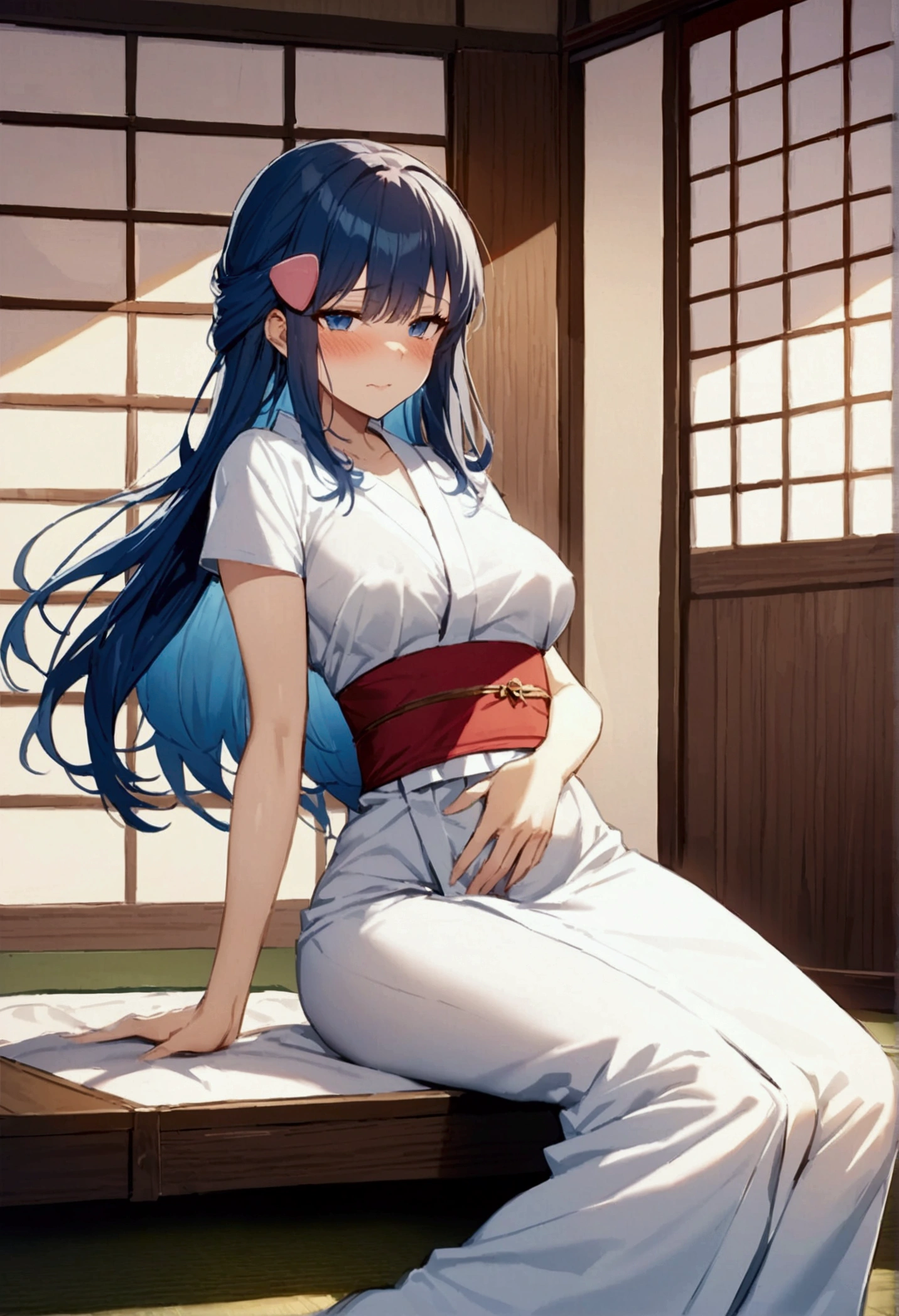 NSFW,masterpiece,Highest quality,High resolution,Super detailed,dawn_\(pokemon\),blue eyes, Blue Hair, Long Hair, Side Lock, Hair Clip,High-quality yukata,Embarrassed,blush,Inn at night,Japanese-style room,tatami,futon,(Hypnosis),(brainwashing),(Middle-aged men),A man puts his hands on her waist and hugs her,Sitting