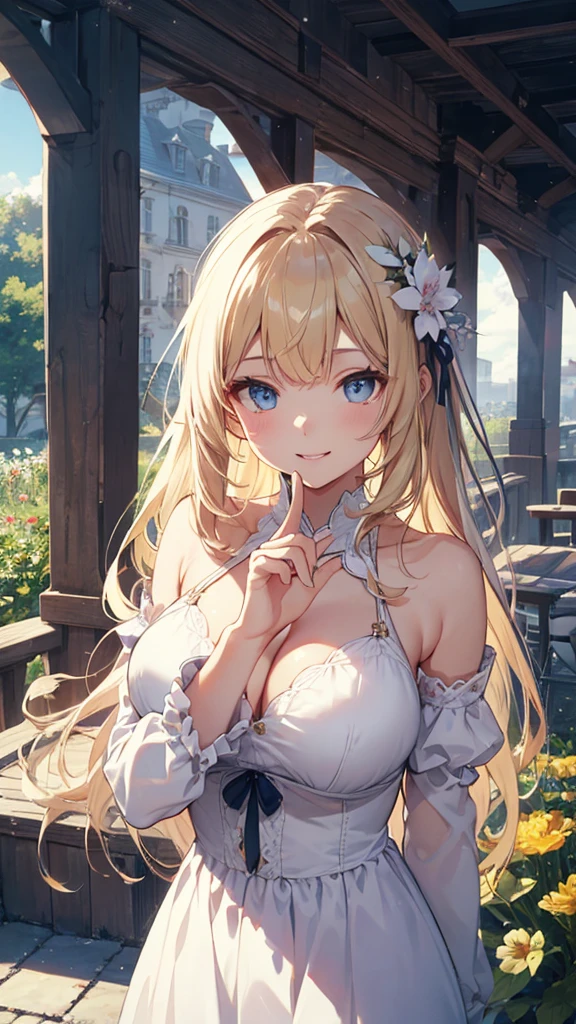 masterpiece、Highest quality、High resolution、High-quality images、8K, 18-year-old girl、Skin Radiance、Texture of skin and clothing、Expression of fine eyes、Shiny blonde hair、Long Hair Girl、dress, Beautiful bright light blue eyes, Fuller lips, Gorgeous face with attention to detail, (Cute Smile), charm, Innocent, (Perfectly detailed face), (Beautiful Hands) Photorealistic images, Written boundary depth, flower、sun、Big Breasts、garden、、Feather ornament、White clothes、goddess