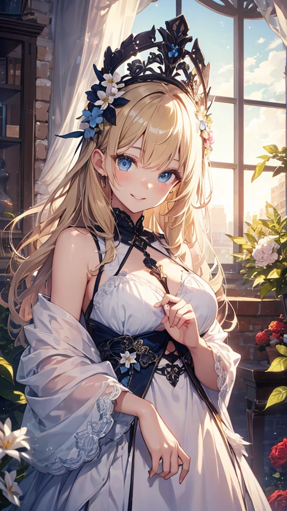 masterpiece、Highest quality、High resolution、High-quality images、8K, 17-year-old girl、Skin Radiance、Texture of skin and clothing、Expression of fine eyes、Sparkling blonde,Long Hair Girl、dress, Beautiful light blue eyes, Fuller lips, Gorgeous face with attention to detail, (Cute Smile), charm, Innocent, Side view, (Perfectly detailed face), (Beautiful Hands) Photorealistic images, Written boundary depth, flower、sun、Big Breasts、garden、、Feather ornament、White clothes、goddess
