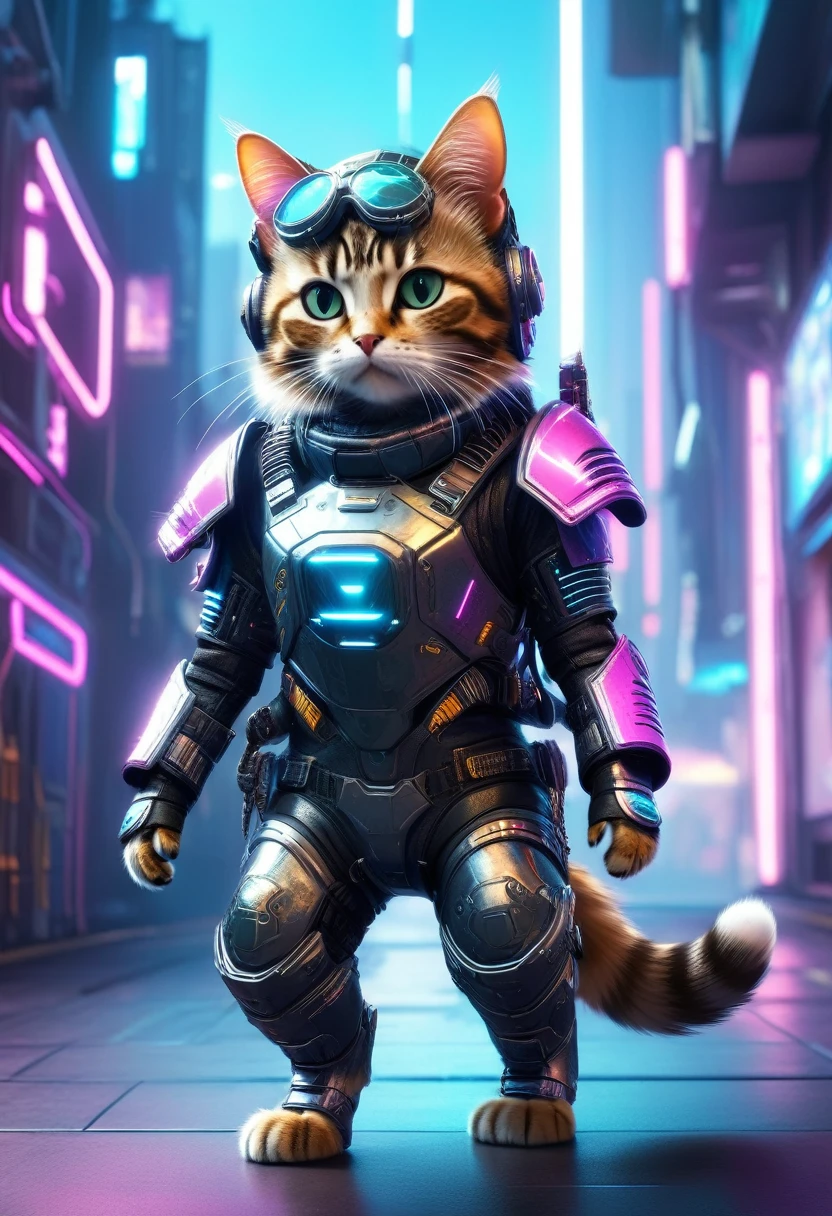 Dressed animals page, captivating and intriguing image of a Cute cat dressed in cyberpunk styled armor, cybernatic, Jetpak on it back, flying