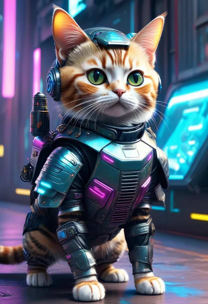 Dressed animals page, captivating and intriguing image of a Cute cat dressed in cyberpunk styled armor, cybernatic, Jetpak on it back, flying