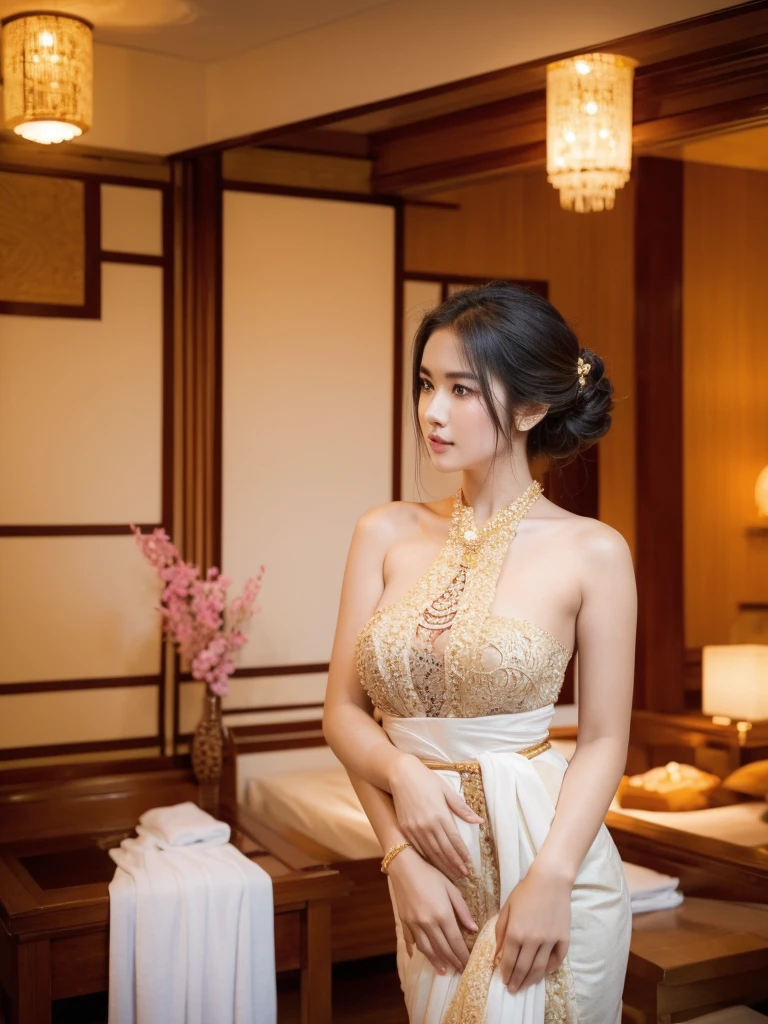 Perfect anatomy, Young girl, beautiful, white skin tone, sexy, big breast, nude, topless, show tits, wear balinese kebaya, hotel room background,