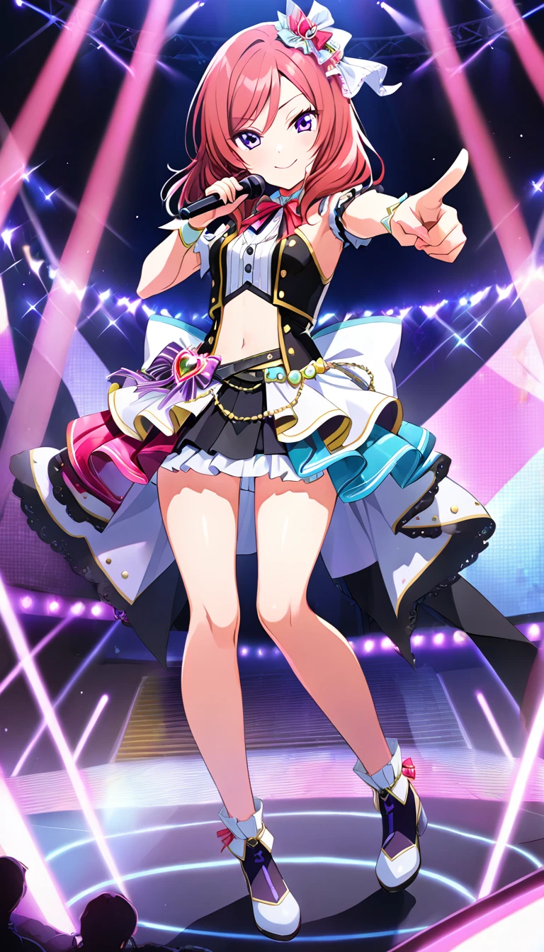 One girl, Nishikino Maki, purple eyes, full body picture, live stage, small breasts, idol costume, smile, solo, id Nishikino Maki, character focus,Pointing at the viewer