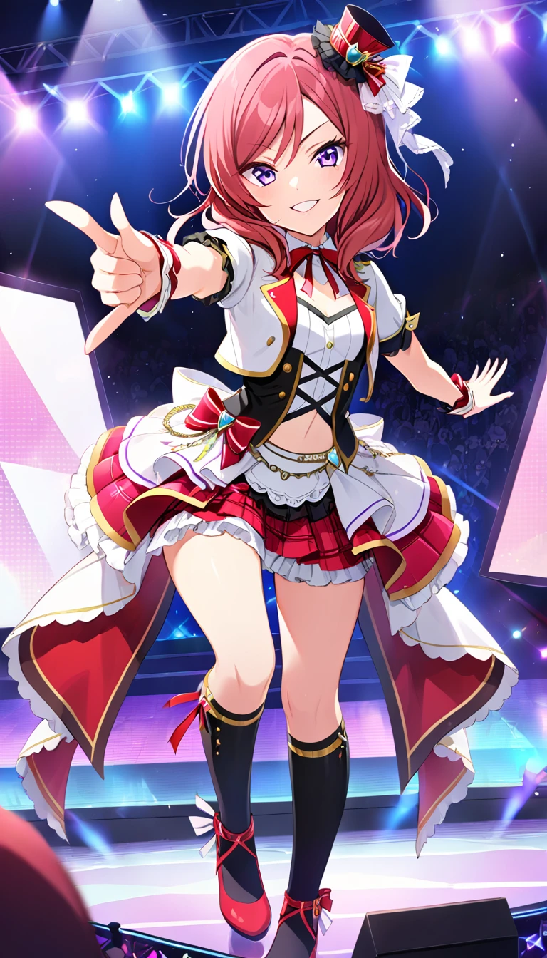 One girl, Nishikino Maki, purple eyes, full body picture, live stage, small breasts, idol costume, smile, solo, id Nishikino Maki, character focus,Pointing at the viewer