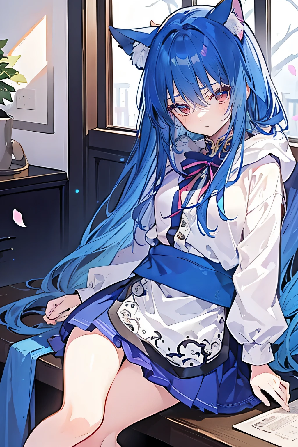 (masterpiece:1.2),Super detailed,lifelike,Expressive eyes,fair skin,perfect face shape,1 girl,
Japanese comics,Gorgeous blue hair,flowing blue hair,flowing clothes,Cat ears,Petals fall,beautiful lola,Baby Angel,
Shaking head with one hand,Cross your legs,Gentle and peaceful background,The pavilion is cool and comfortable,smile, wearing hoodie, In front of the window,snowing