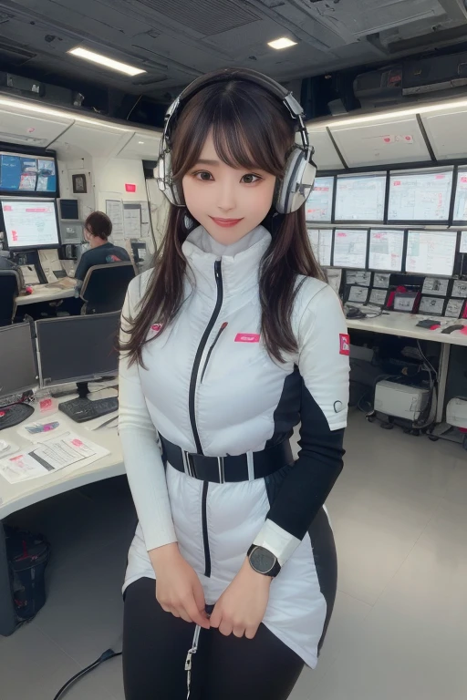 masterpiece, Highest quality, Very detailed, 8K Portrait,Japanese Android Girl,plump , Control panel,Robotic arms and legs, Blunt bangs,,break (Metallic Gray, Metallic luster, Mirror finish, Astro Best):5,headphone:5,break (Black sleeves):100,Smart Watches,Futuristic space station,Control Room,break headphone,blue eyes,(Black Hair):2,(Long Hair):1.3,Viewer Display,(respirator),break blush:3,Hidden Hand,smile