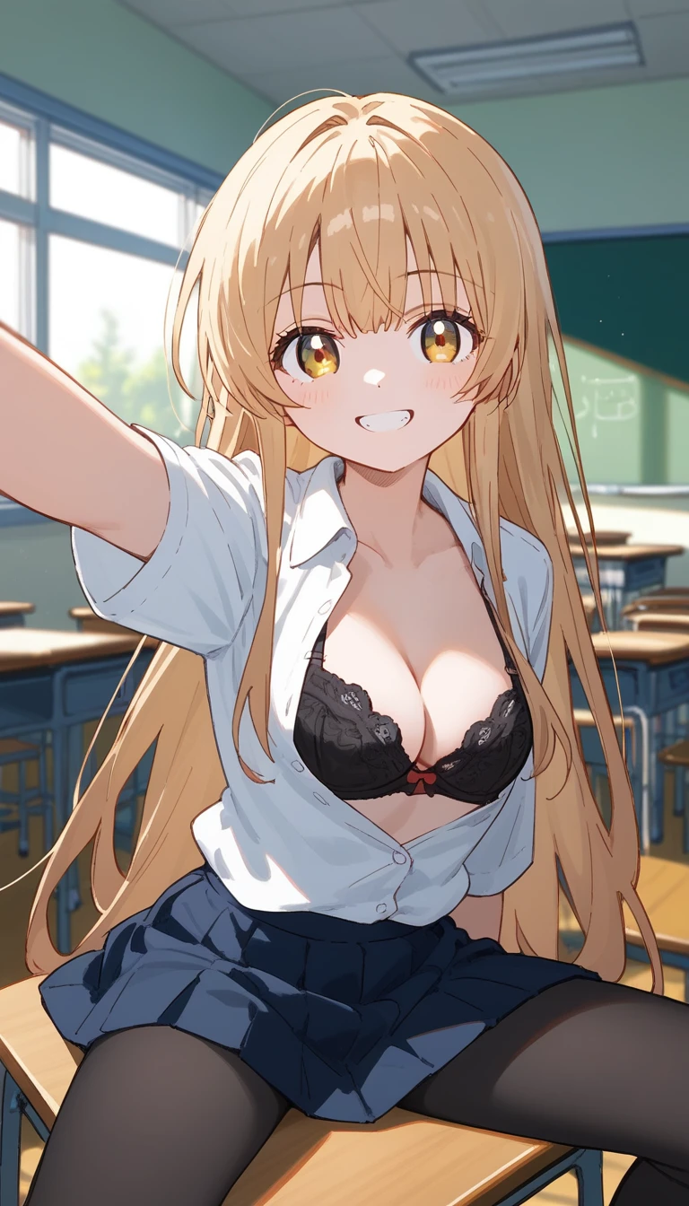 masterpiece,Ultra HD,score_4_onBREAK source_anime,可愛いanimeイラスト, masterpiece,high resolution,smile,alone,mahirushiina,One girl,Blonde,Long Hair,,Selfie pose,Show your underwear,Black Bra,black tights,School,classroom,nsfw,Sitting,Spread your legs,