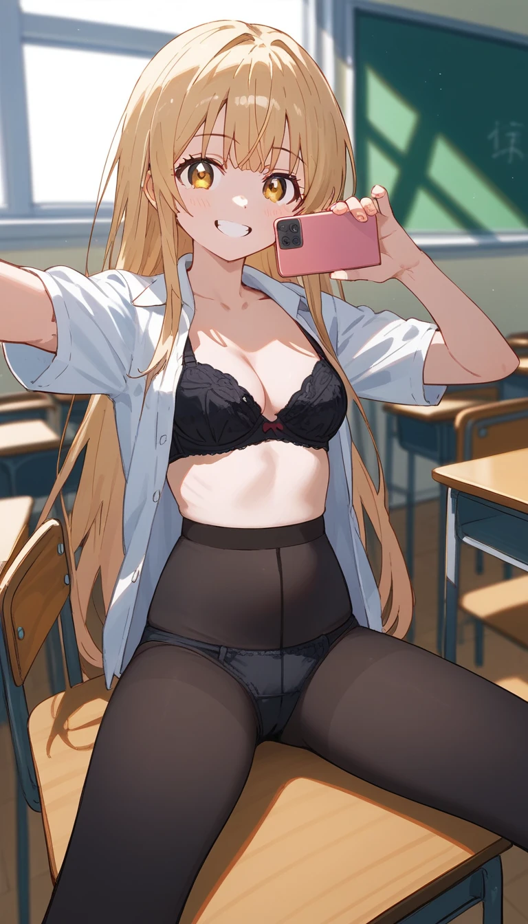 masterpiece,Ultra HD,score_4_onBREAK source_anime,可愛いanimeイラスト, masterpiece,high resolution,smile,alone,mahirushiina,One girl,Blonde,Long Hair,,Selfie pose,Show your underwear,Black Bra,black tights,School,classroom,nsfw,Sitting,Spread your legs,