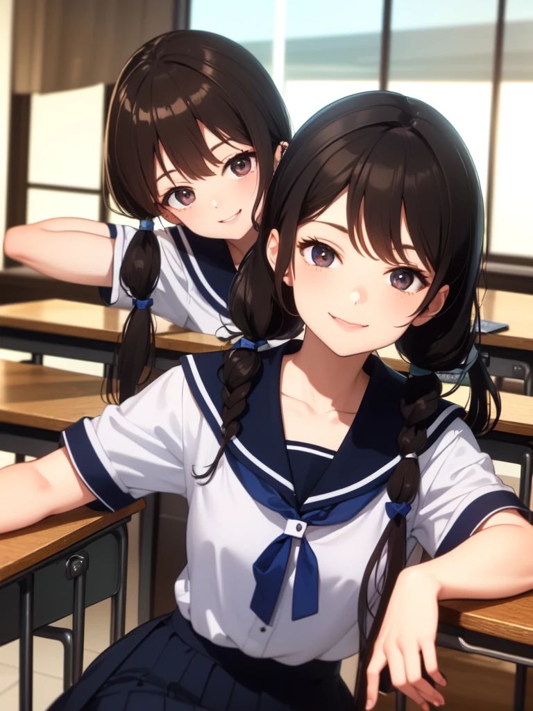 1girl, sitting, arm in front, arm up, bend arm, open hand, spread fingers, palms, (head tilt), smile, yo,
classroom, indoors, school chair, school desk, (low twintails girl), low pigtails, red ribbon on hair, very long black hair,
navy-blue collar, white serafuku with blue ribbon, navy-blue skirt,
(dark brown eye), afternoon, summer,
school,
(from front:1.4), upper body,
anime, high brightness, detailed face, detailed eyes,
(high quality, ultra detailed, masterpiece, FHD), good hands, good fingers