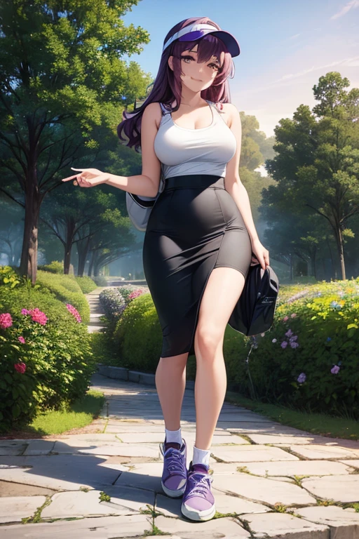 ((masterpiece, best quality)), highres, beautiful woman looking at viewer, beautiful eyes, wide hips, smiling, tank top, black midi pencil skirt, pencil skirt, visor, sneakers, socks, wearing backpack, full body, medium purple hair, wavy hair, walking through a stone garden, summer evening, sunset, trees, leaves, park