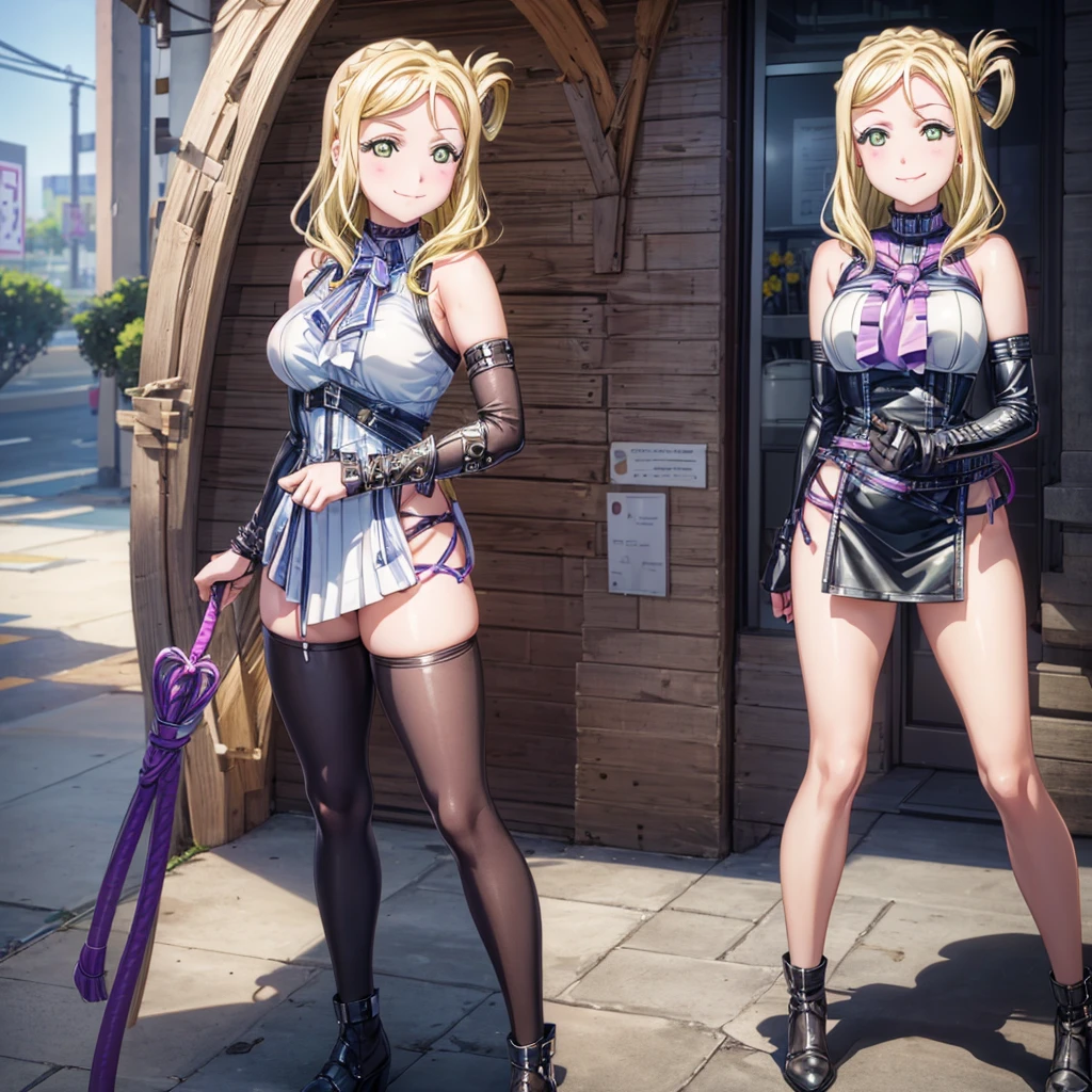 (((Pixel Perfect,Perfect in every detail))), alone,A girl ,smile,,NSWF,lovely,Mari Ohara，Leather whip，Holding a whip，Sadistically