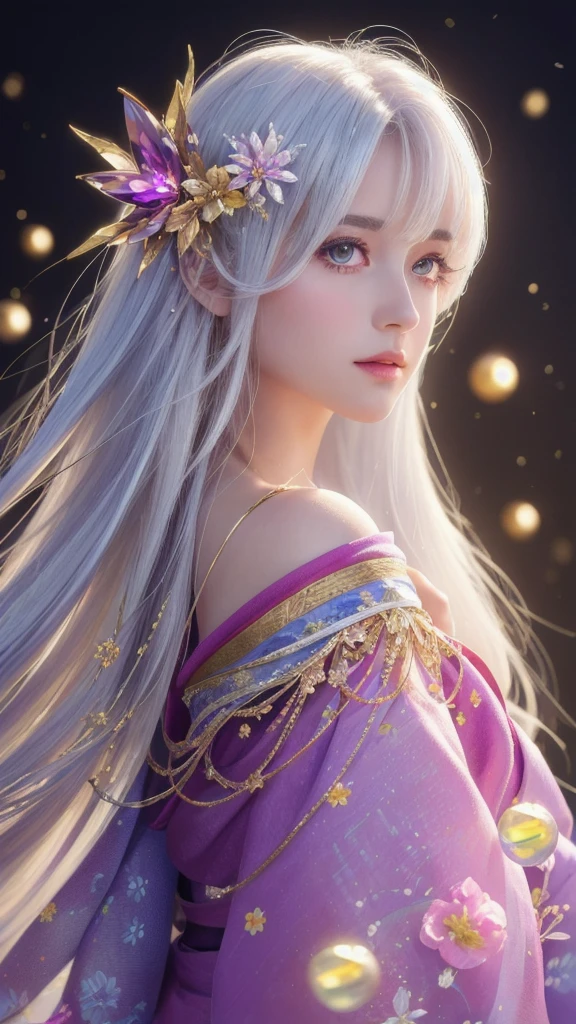 (masterpiece:1.3), (8k, photorealistic, raw photo, highest quality:1.4), (one girl), beautiful face, (realistic face), (long hair), (silver hair, near white hair, shiny hair, beautiful straight hair), (even bangs), (sharp bangs), straight hairstyle, realistic eyes, beautiful detailed eyes (purple eyes), (sharp eyes), (realistic skin), beautiful skin, (kimono), (magician's kimono), (flower hair ornament), attractive, ultra high resolution, ultra realistic, highly detailed, golden ratio, colorful background, (flowers blooming), (energy dancing background), magician, facing forward, facing from shoulders, looking straight ahead, both shoulders facing towards you, holding crystal ball, (heart crystal ball, love crystal ball).